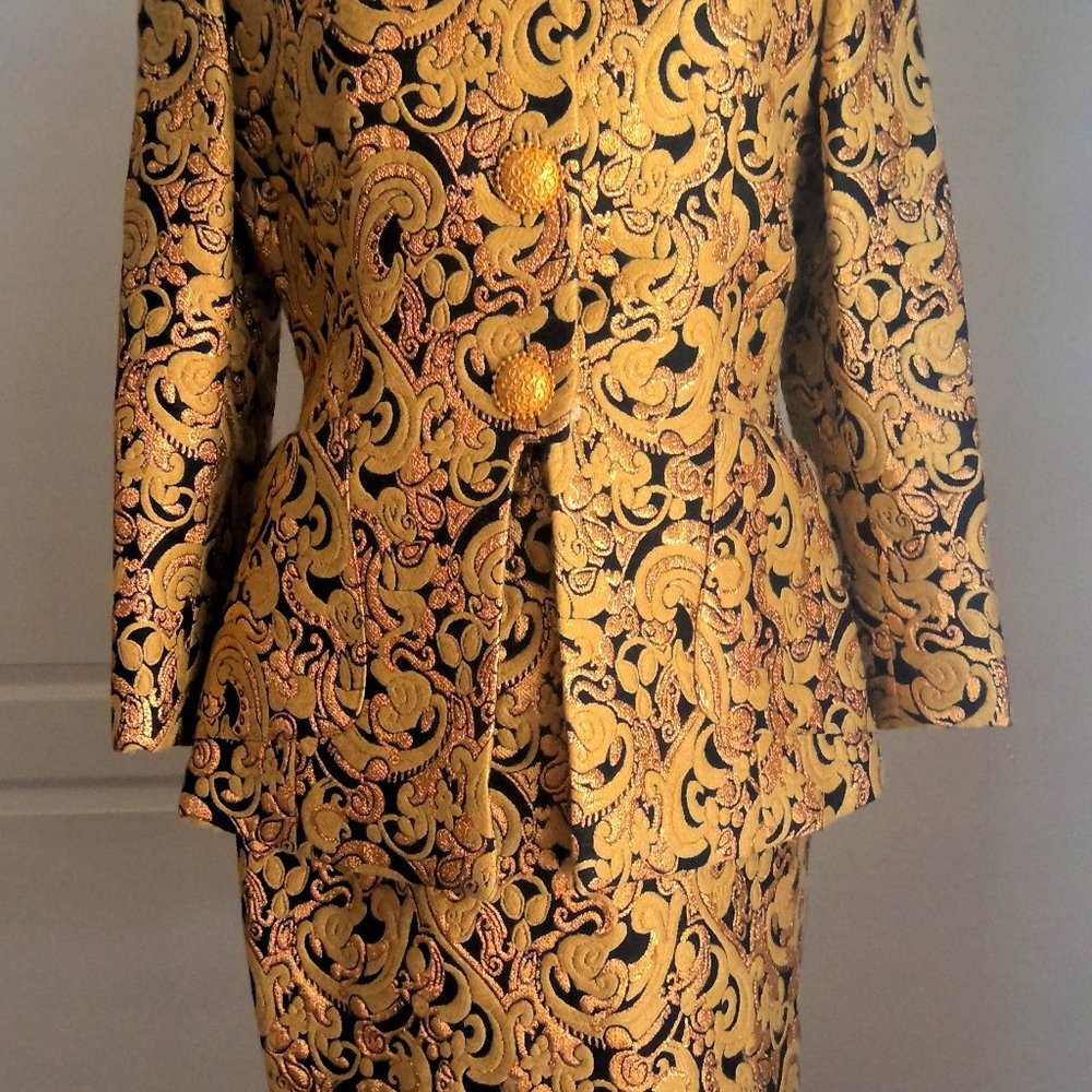 Adolfo Vintage 1990's Black & Gold Skirt Suit - Size Small
